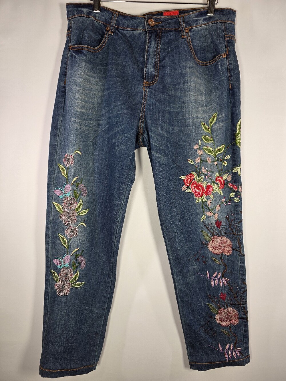V Cristina Embroidered Floral Jeans Size 14 Boho Rhinestone Denim - Picture 2 of 11